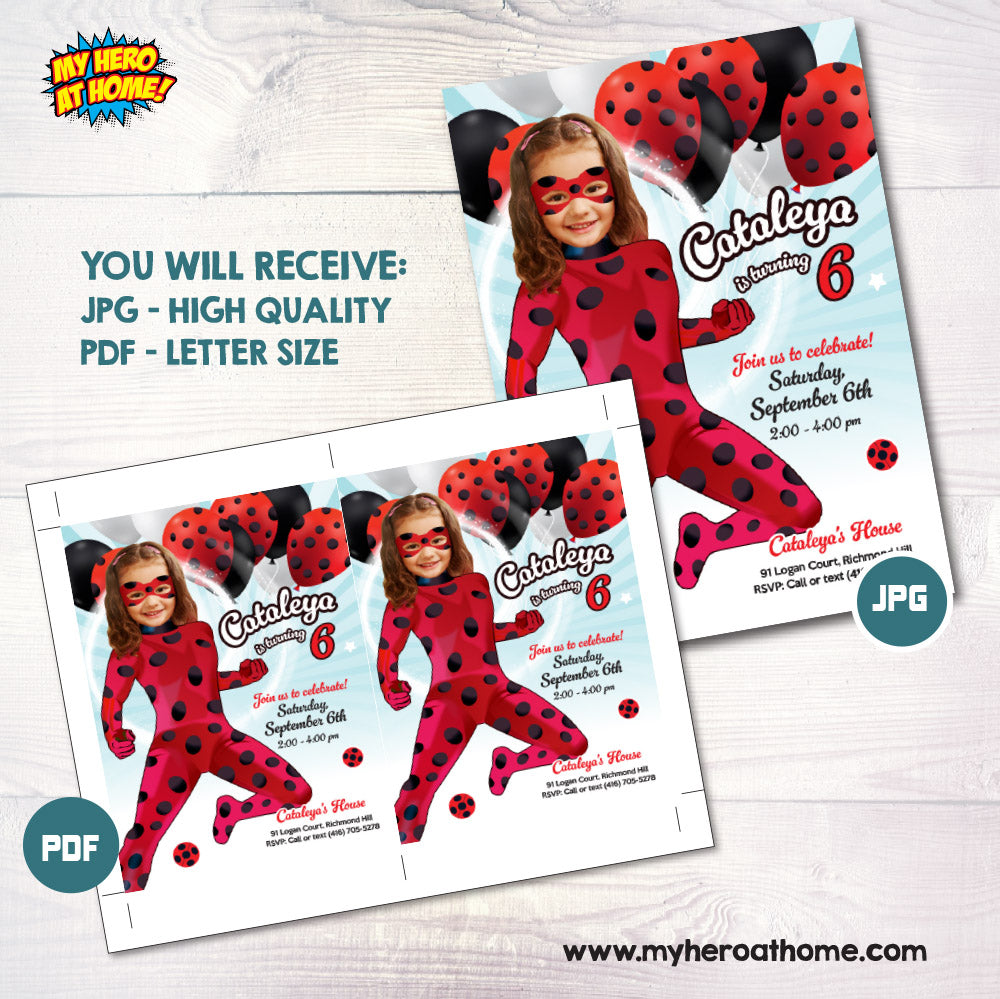 Your own Ladybug party invitation with your kid as the star, Ladybug birthday template, Ladybug digital flyer, Miraculous Ladybug birthday ideas. 2358IN