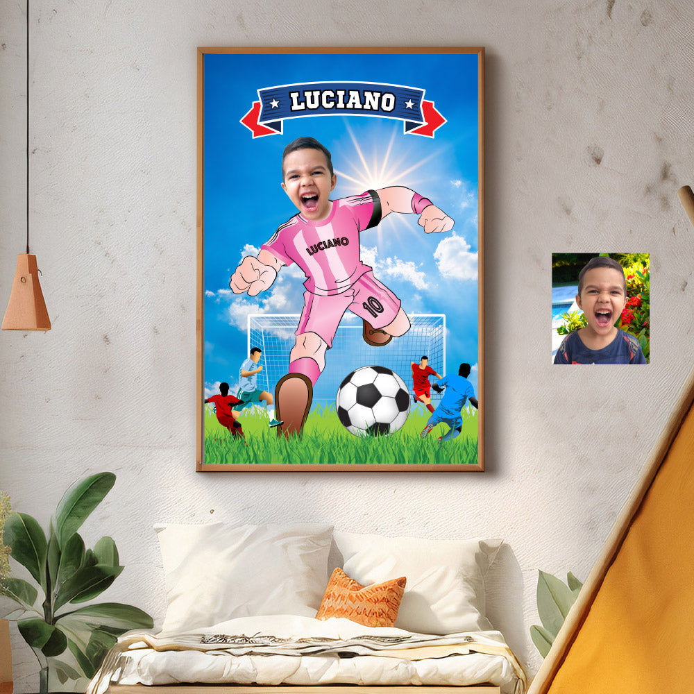 Soccer poster with kid as his favorite player Messi, Printable gift of Inter Miami Futbol. 2362GF