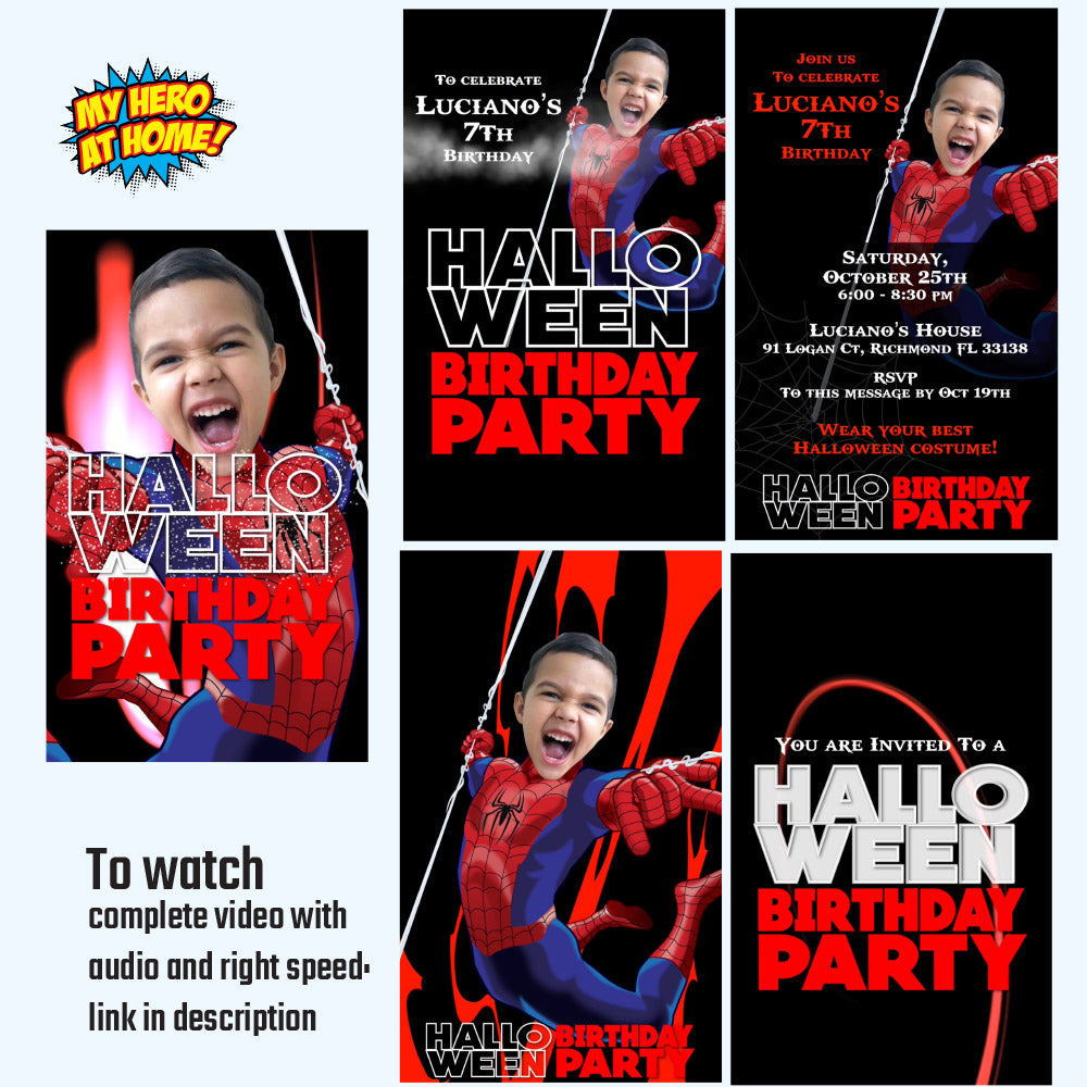 Spiderman Halloween Birthday party video Invitation with your kid as Spiderman, Superhero halloween video invite. (Share digitally). 2374V