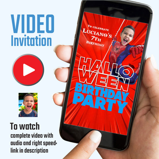Spider-man Halloween Birthday party video Invitation with your kid as the star, Superhero halloween video invite. 2375V