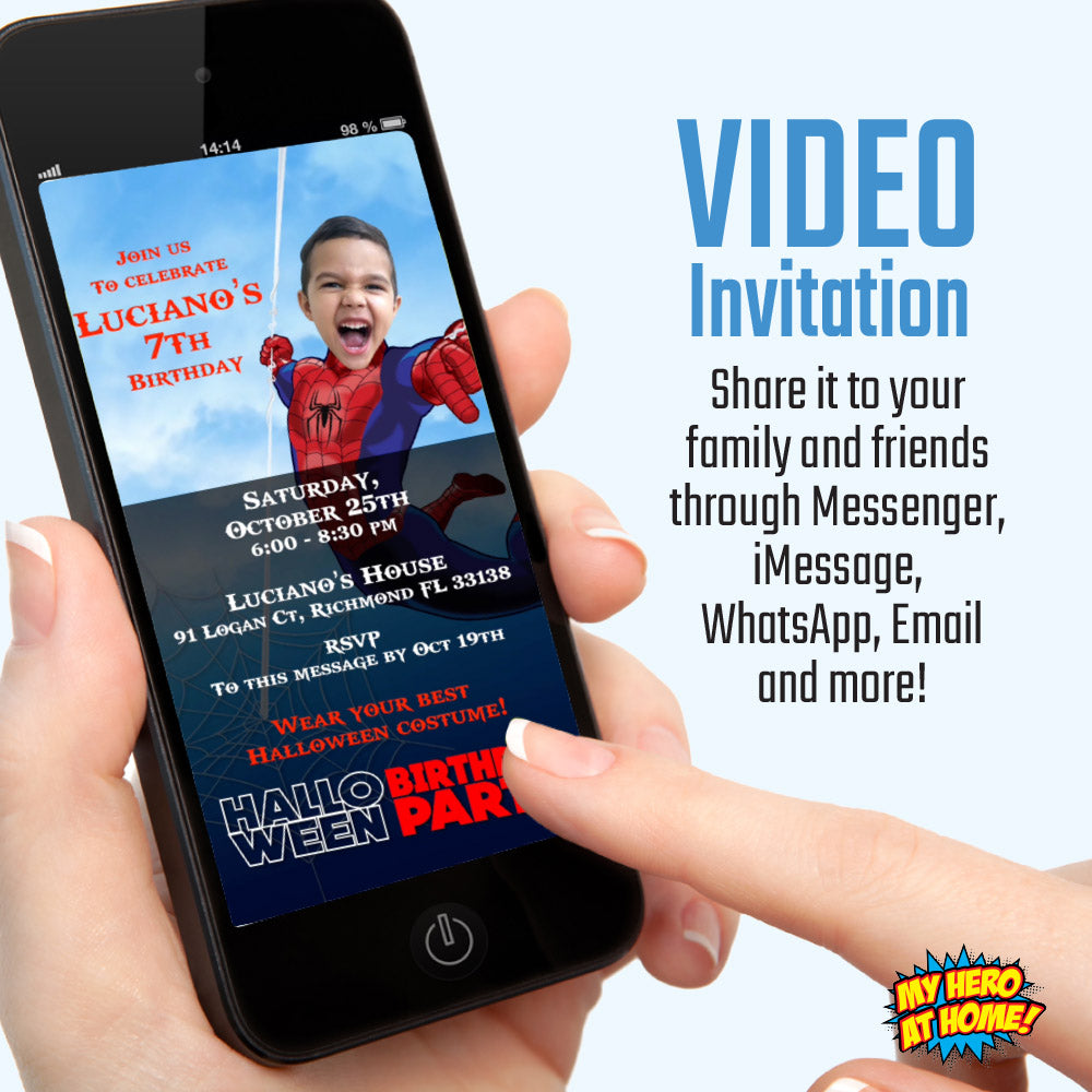 Spider-man Halloween Birthday party video Invitation with your kid as the star, Superhero halloween video invite. 2375V