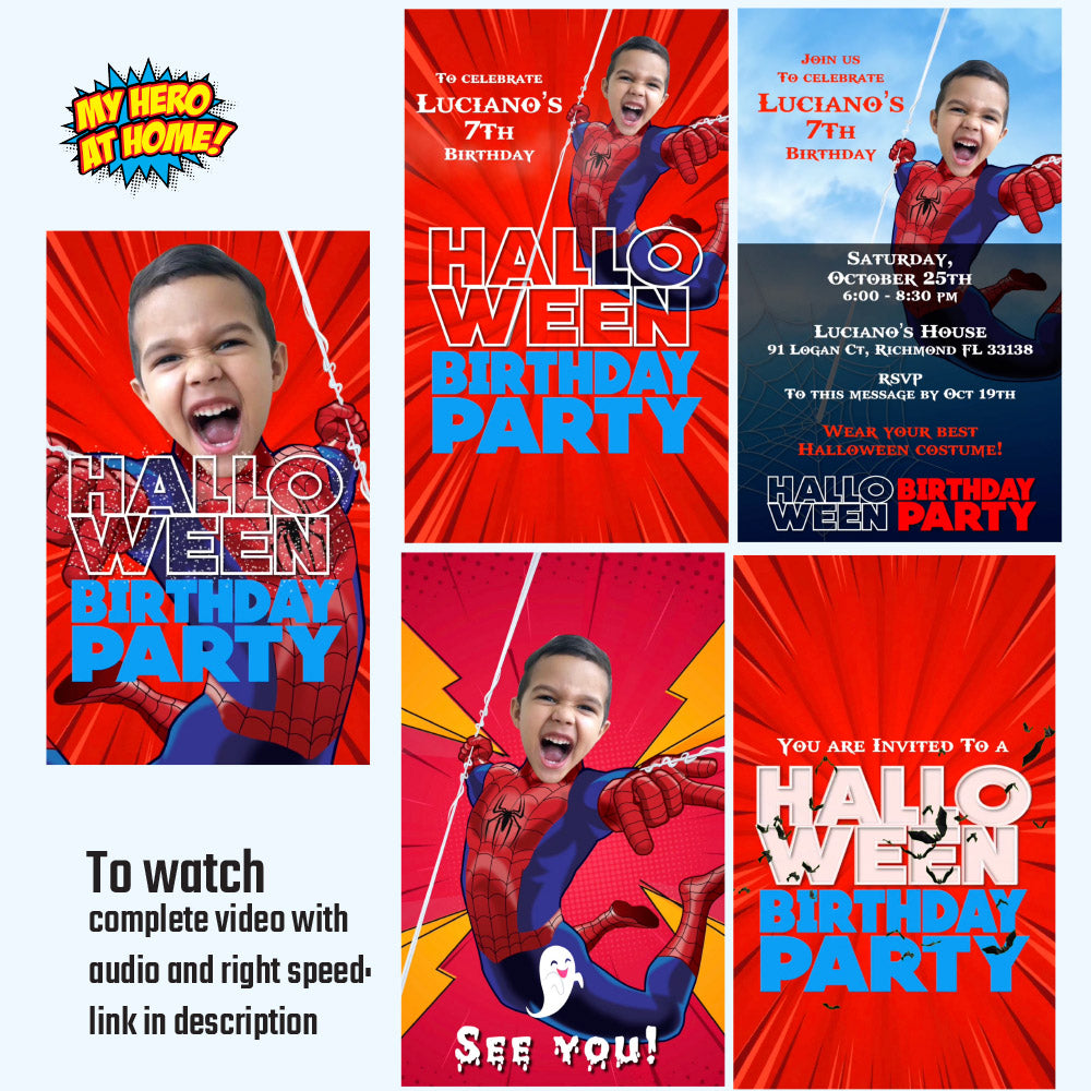 Spider-man Halloween Birthday party video Invitation with your kid as the star, Superhero halloween video invite. 2375V