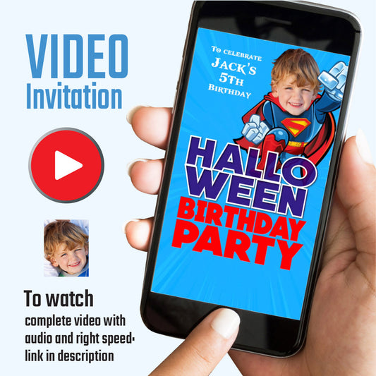 Superman Halloween Birthday party video Invitation with your kid as the star, Halloween Superkid video invite. 2376V