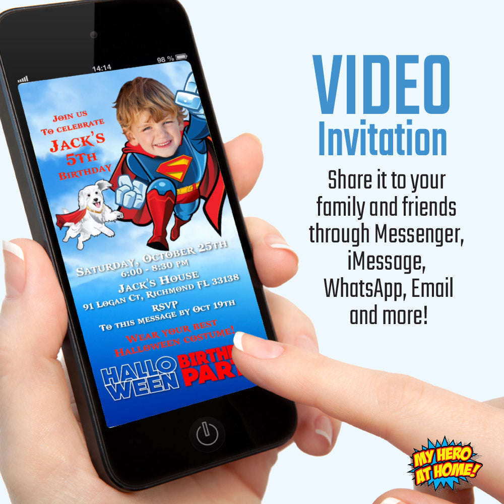 Superman Halloween Birthday party video Invitation with your kid as the star, Halloween Superkid video invite. 2376V