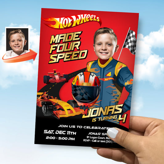 Custom Made Four Speed Hot Wheels birthday Invitation with birthday boy as the driver, Hot Wheels 4th party template. 2384INS