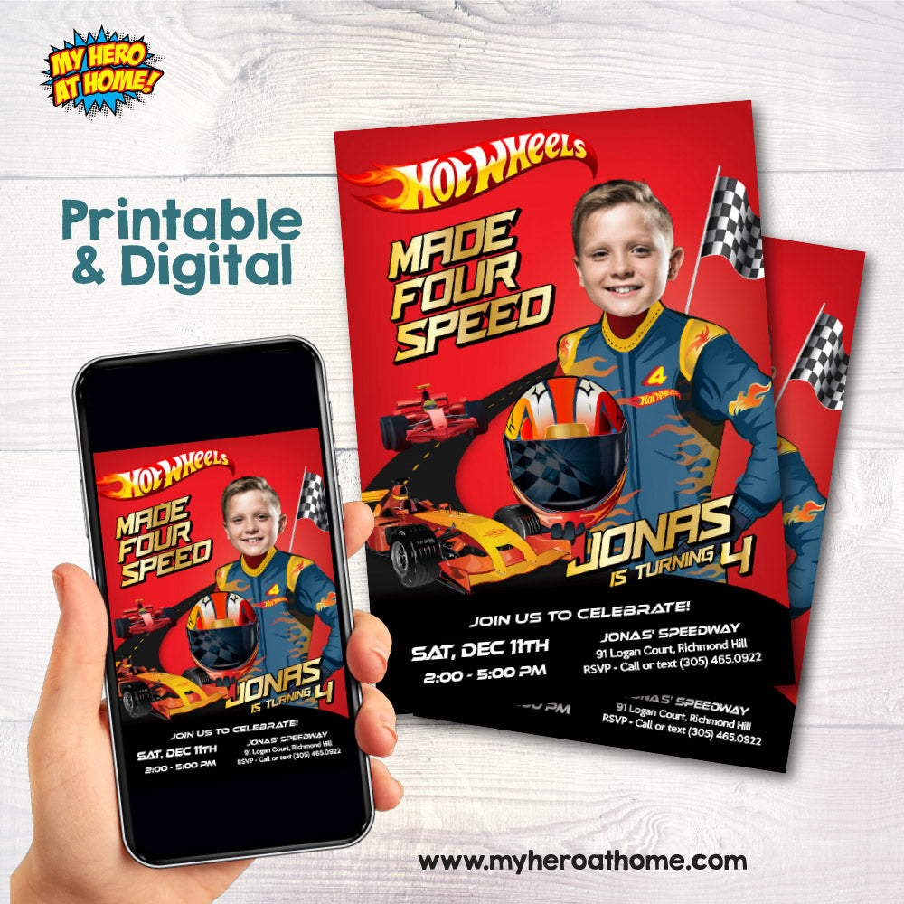 Custom Made Four Speed Hot Wheels birthday Invitation with birthday boy as the driver, Hot Wheels 4th party template. 2384INS