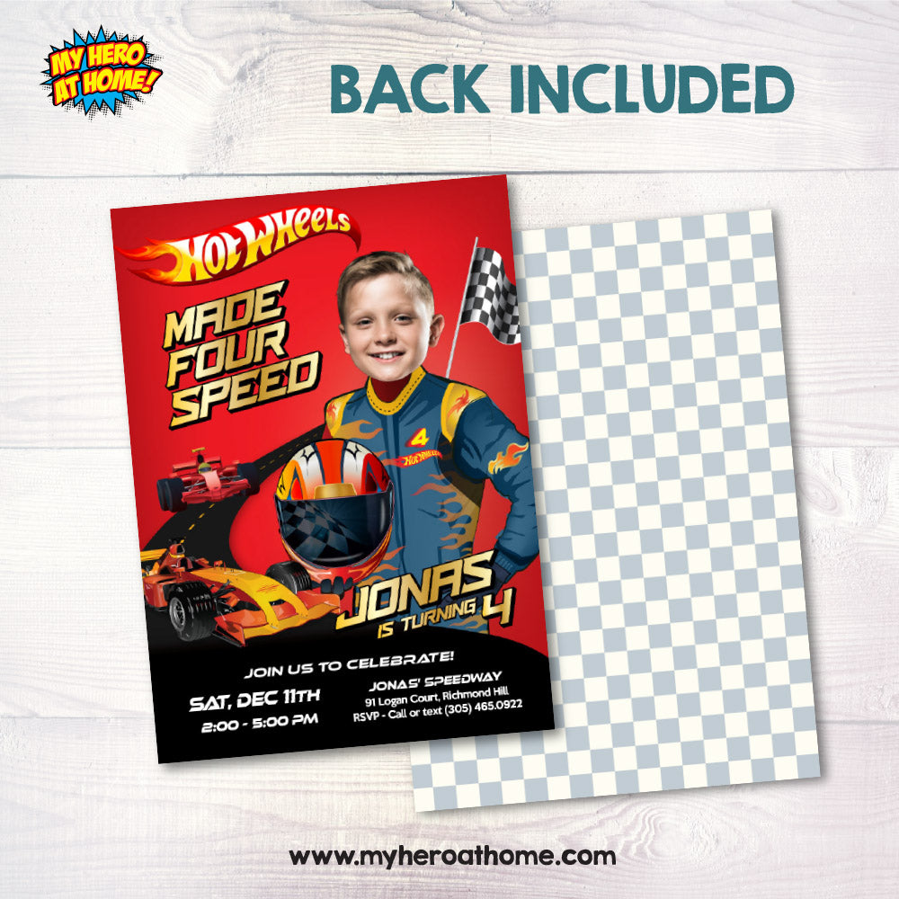 Custom Made Four Speed Hot Wheels birthday Invitation with birthday boy as the driver, Hot Wheels 4th party template. 2384INS