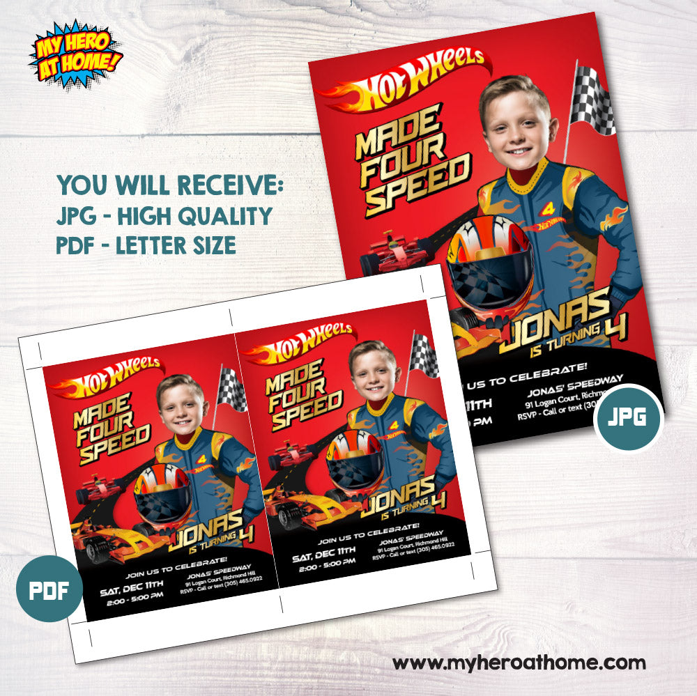 Custom Made Four Speed Hot Wheels birthday Invitation with birthday boy as the driver, Hot Wheels 4th party template. 2384INS