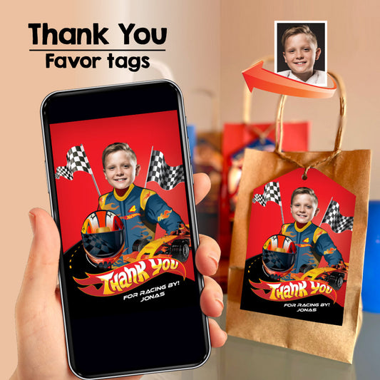 Thank You for racing by with kid as the driver, Race Car Hot wheels Photo Favor Tags, Hot wheels thank you with photo. 2384TYS
