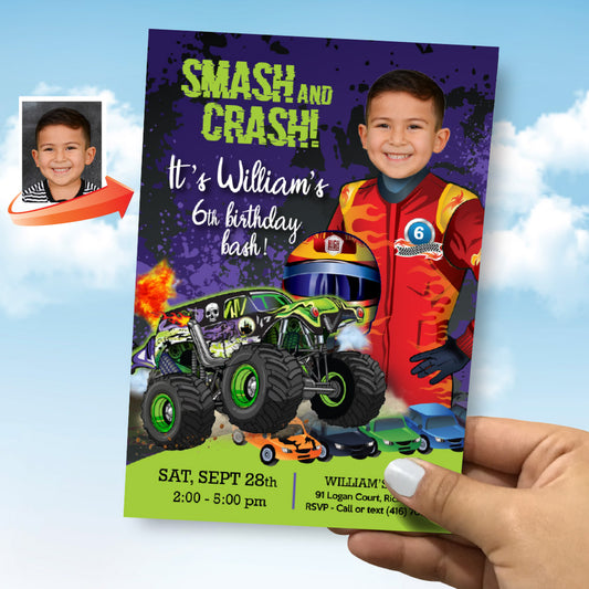 Monster Truck Grave Digger birthday Invitation with your kid as the star, Monster Bash digital, Monster Truck theme party. 2390IN