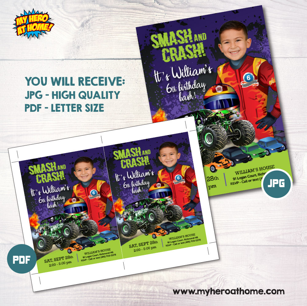 Monster Truck Grave Digger birthday Invitation with your kid as the star, Monster Bash digital, Monster Truck theme party. 2390IN
