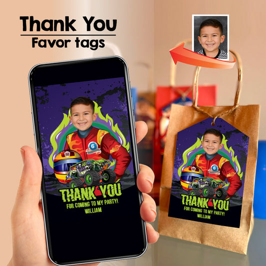 Monster Truck Gravedigger thank you, Monster bash favor tags, Monster Jam Gravedigger thanks tags. 2390TY