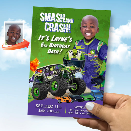 Monster Truck Gravedigger party Invitation with your kid as the driver, Monster Jam birthday invitation, Monster Jam theme party. 2391IN