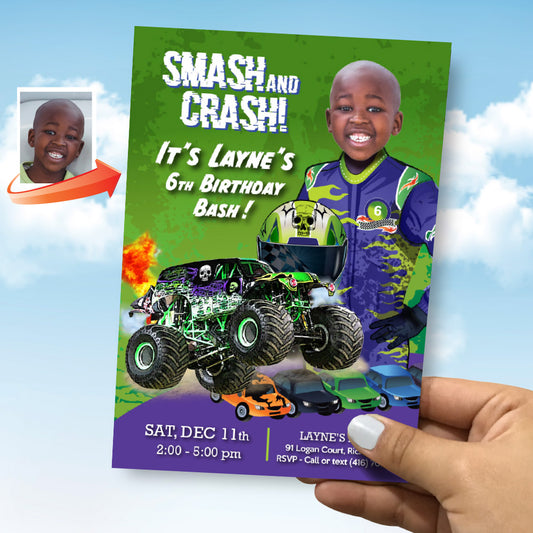 Monster Truck Gravedigger party Invitation with your kid as the driver, Monster Jam birthday invitation, Monster Jam theme party. 2391IN