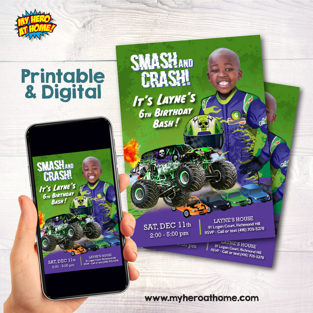 Monster Truck Gravedigger party Invitation with your kid as the driver, Monster Jam birthday invitation, Monster Jam theme party. 2391IN