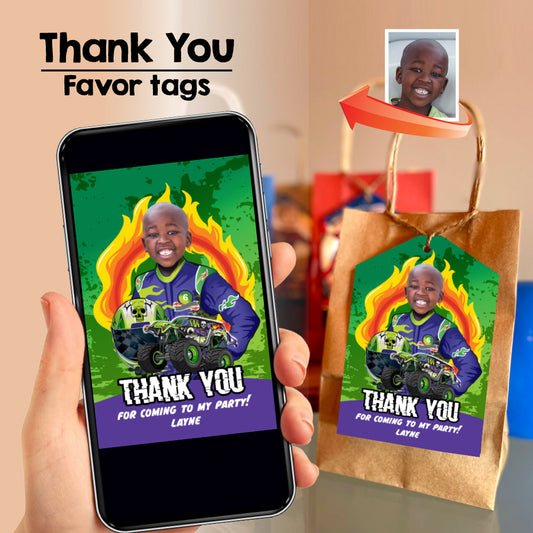 Monster Jam Grave digger thank you, Monster Jam favor tags, Monster Jam thanks tags with photo. 2391TY