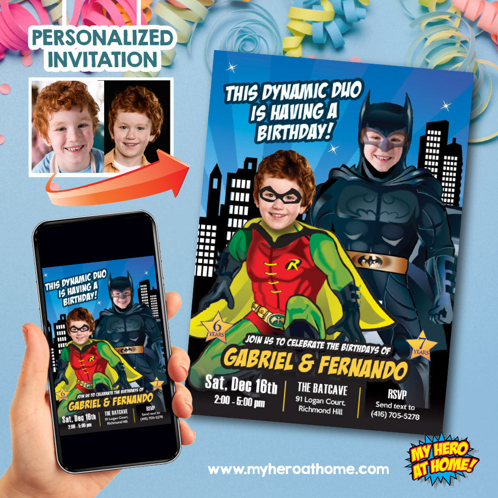 Batman and Robin party Invitation, Siblings Dynamic Duo Invitation, Batman and Robin template, Joint Batman and Robin Birthday. 296B