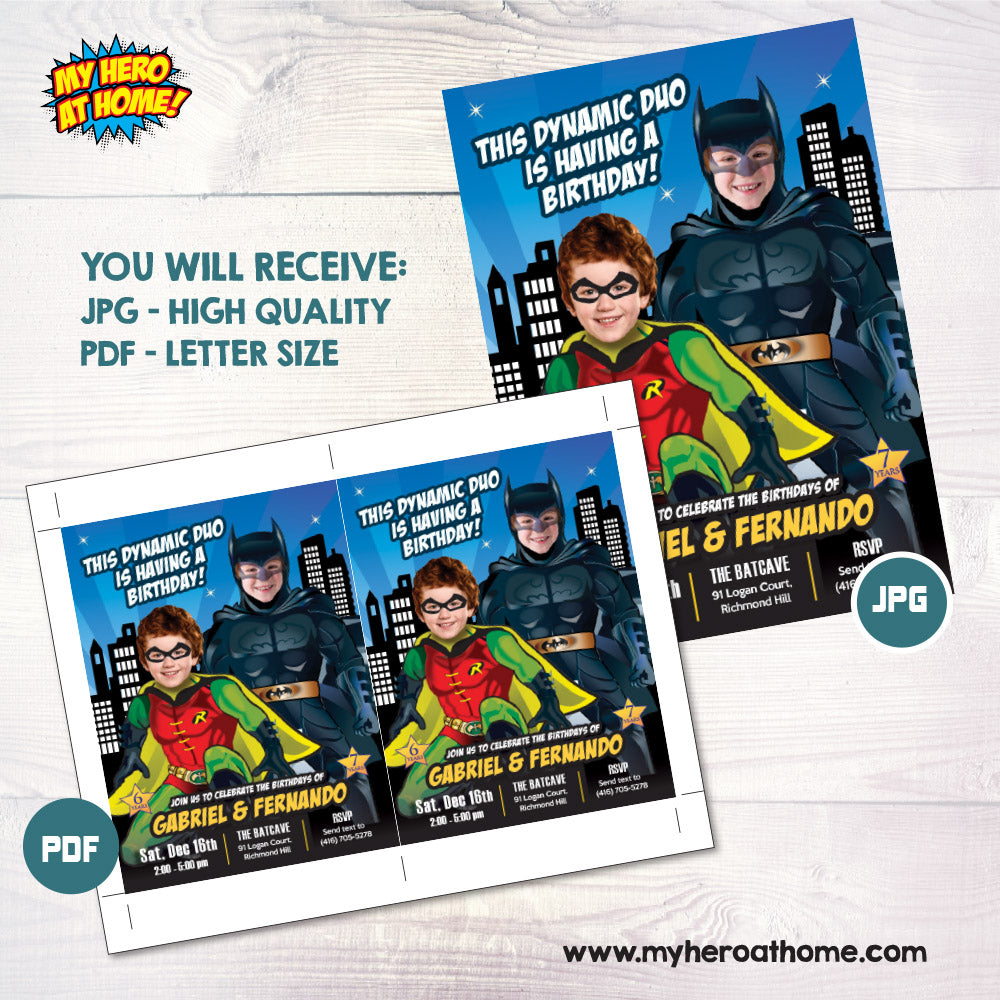 Batman and Robin party Invitation, Siblings Dynamic Duo Invitation, Batman and Robin template, Joint Batman and Robin Birthday. 296B