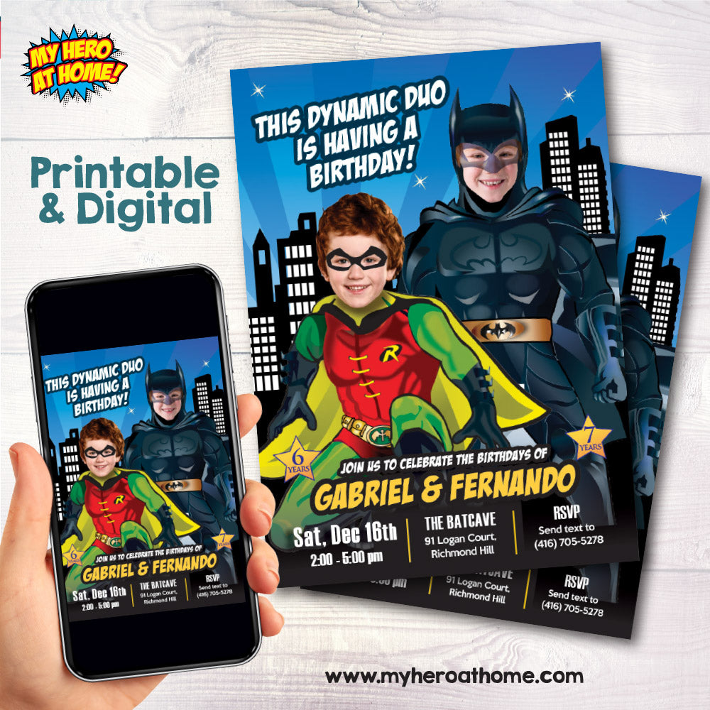 Batman and Robin party Invitation, Siblings Dynamic Duo Invitation, Batman and Robin template, Joint Batman and Robin Birthday. 296B