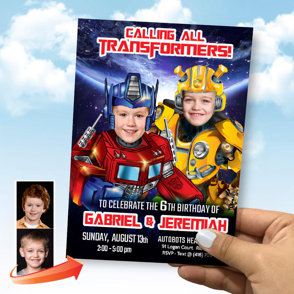 Joint Transformers Birthday Invitation, Transformers Siblings Party, Optimus Prime and Bumblebee Theme Party. 524IN