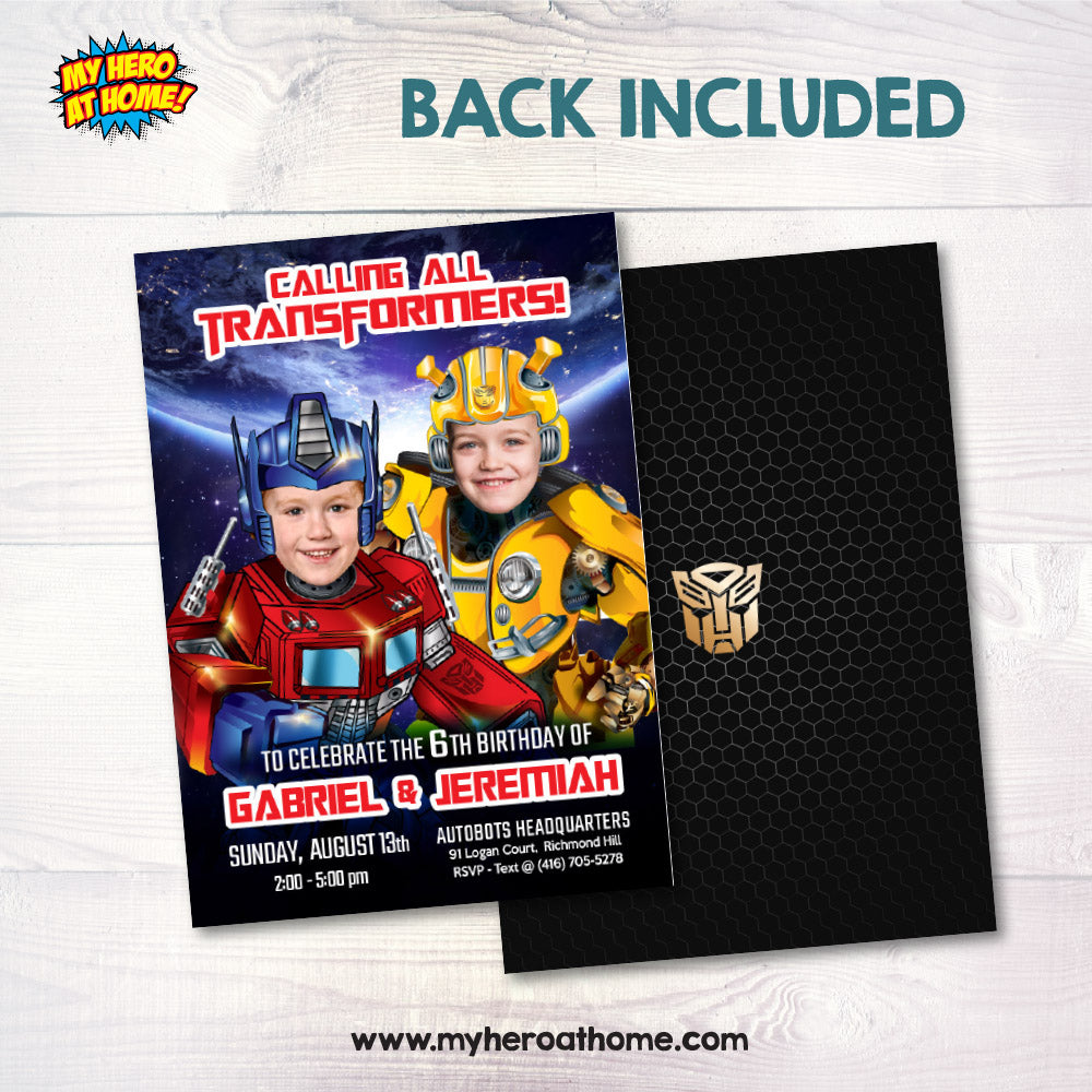 Joint Transformers Birthday Invitation, Transformers Siblings Party, Optimus Prime and Bumblebee Theme Party. 524IN