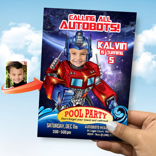 Optimus Pool Party Invitation, Autobots Splash party Invitation, Prime pool birthday. 589IN