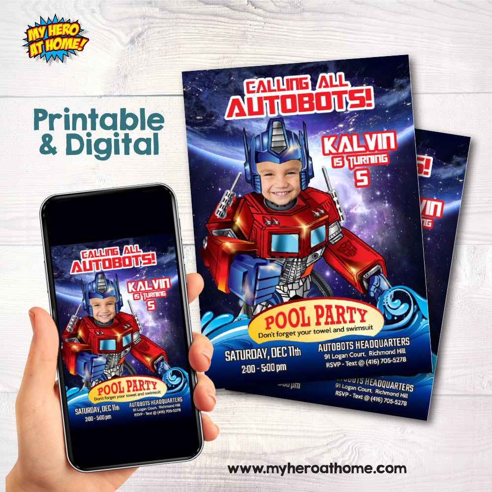 Optimus Pool Party Invitation, Autobots Splash party Invitation, Prime pool birthday. 589IN