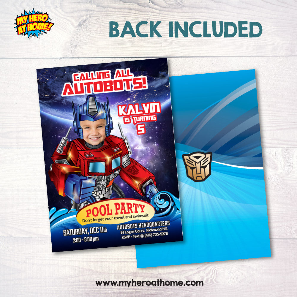 Optimus Pool Party Invitation, Autobots Splash party Invitation, Prime pool birthday. 589IN