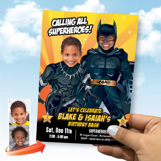 Batman and Black Panther birthday Invitation with photos, Batman and Black Panther Siblings party template. 631IN