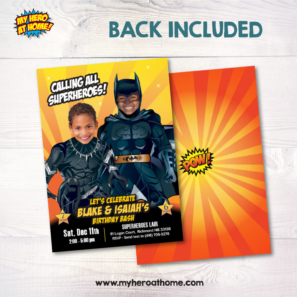 Batman and Black Panther birthday Invitation with photos, Batman and Black Panther Siblings party template. 631IN