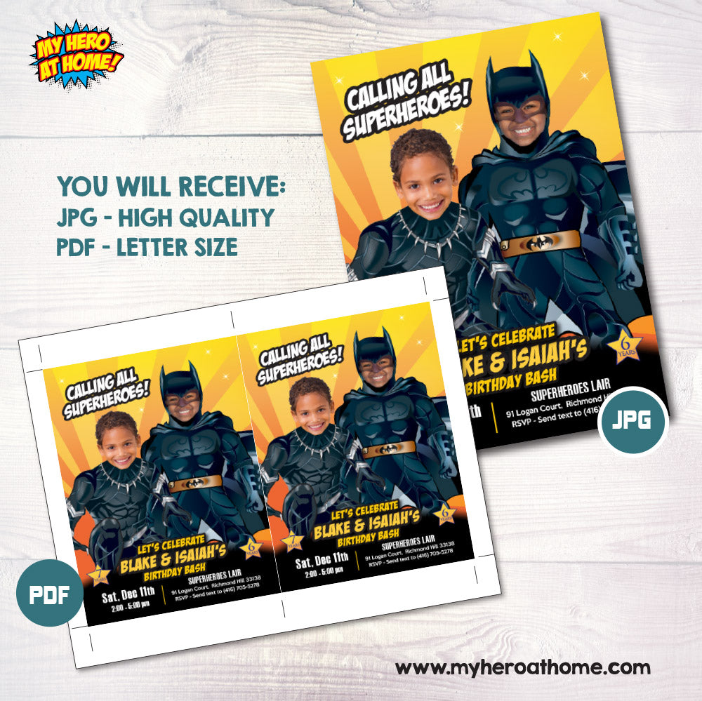 Batman and Black Panther birthday Invitation with photos, Batman and Black Panther Siblings party template. 631IN