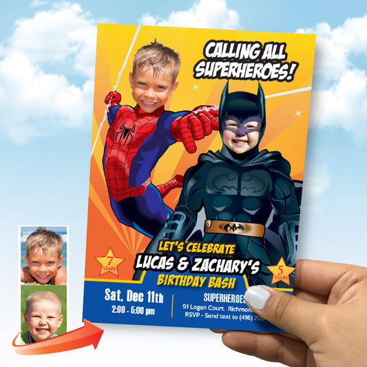 Batman and Spiderman birthday Invitation with photos, Batman and Spiderman Siblings Party invite. 633