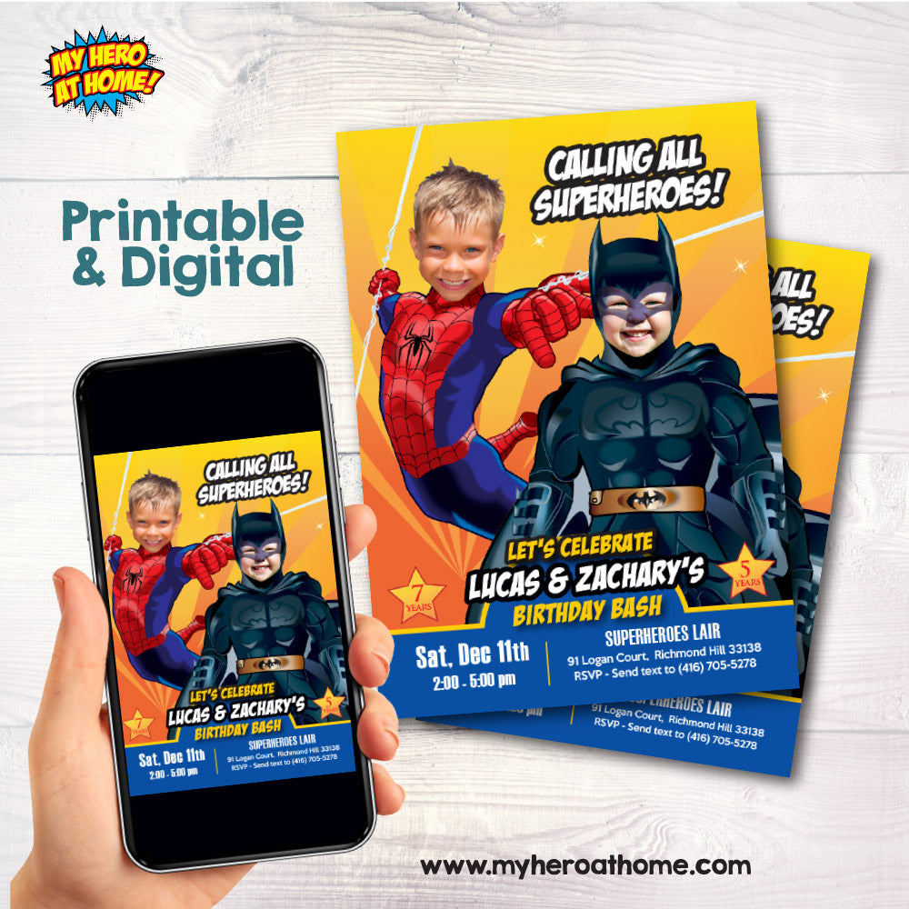 Batman and Spiderman birthday Invitation with photos, Batman and Spiderman Siblings Party invite. 633