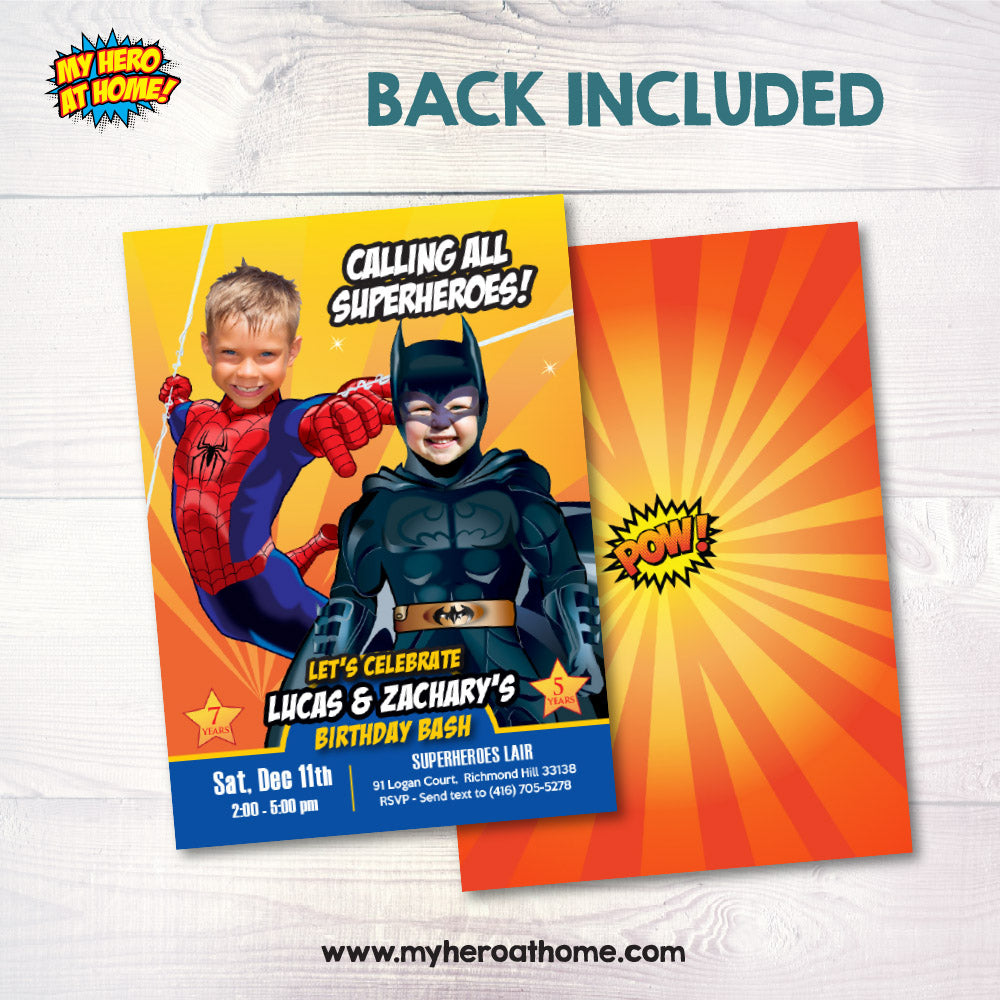 Batman and Spiderman birthday Invitation with photos, Batman and Spiderman Siblings Party invite. 633
