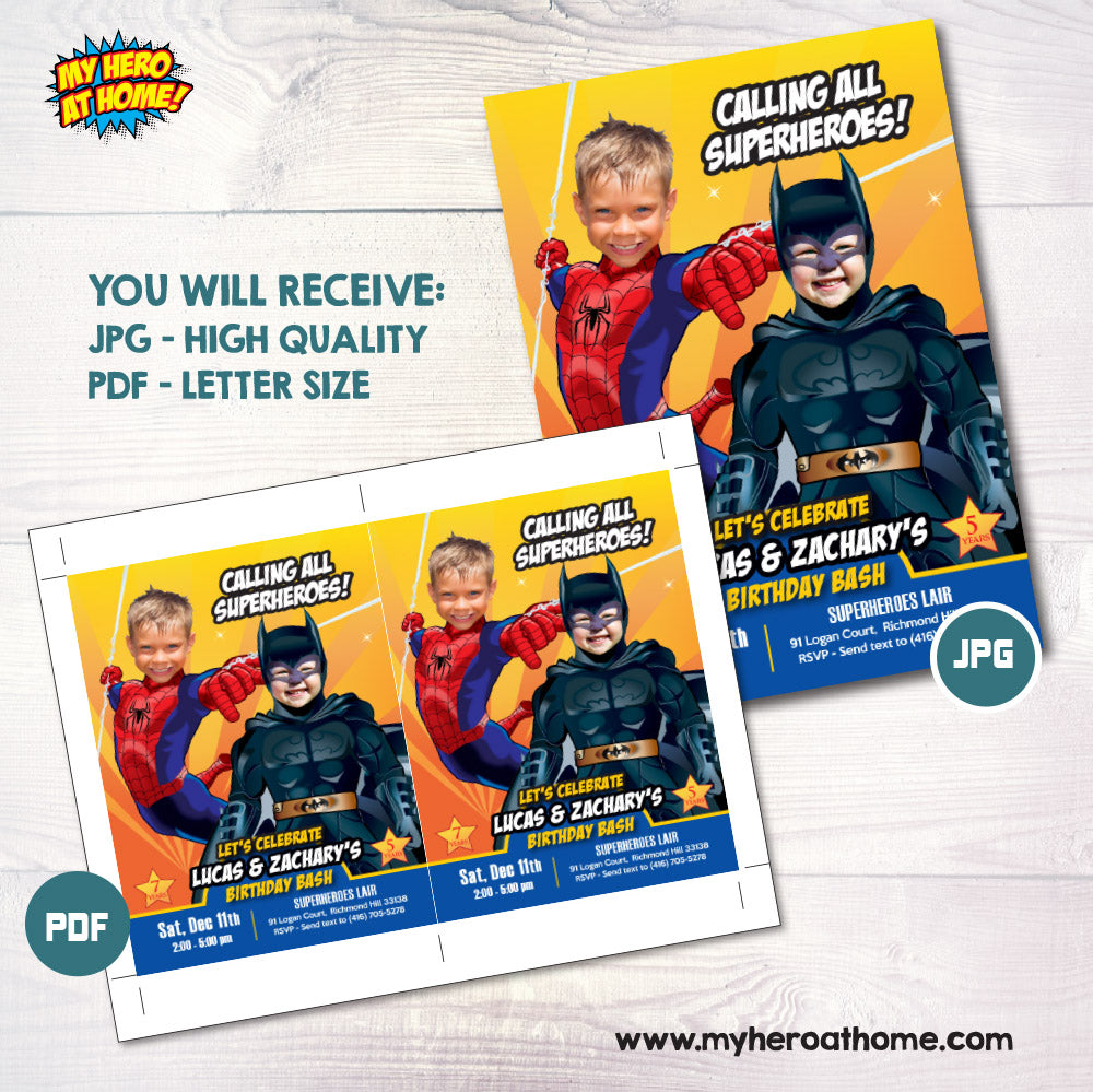 Batman and Spiderman birthday Invitation with photos, Batman and Spiderman Siblings Party invite. 633