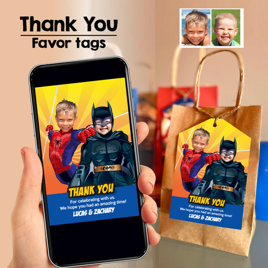 Joint Batman Spiderman birthday thank you for coming, Spiderman and Batman favor tags. 633TY