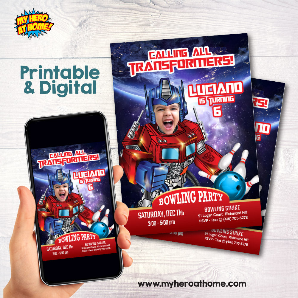 Optimus Prime Bowling Party Invitation, Autobots Bowling party Invite, Transformers Bowling themed. 642IN