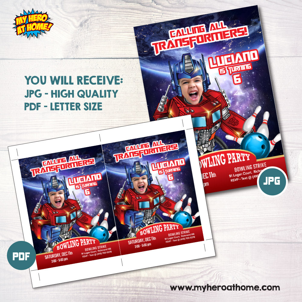 Optimus Prime Bowling Party Invitation, Autobots Bowling party Invite, Transformers Bowling themed. 642IN