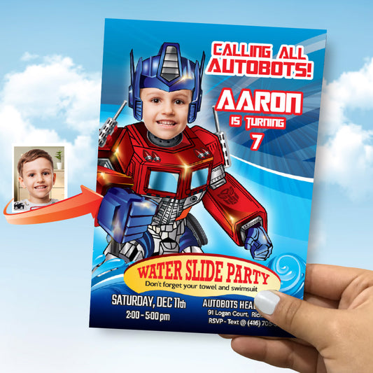 Optimus Prime Waterslide Party Invite with photo, Transformers Water games Party, Autobots waterslide. 669IN
