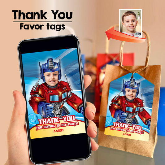 Optimus Prime pool party thank you with photo, Transformers splash party thank you tags. 669TY