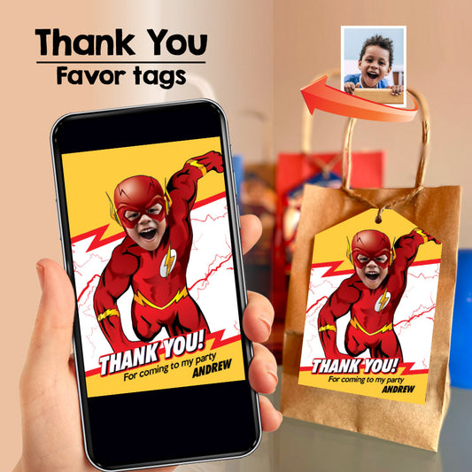 Custom Flash Party favor Tags with your kid as Flash, Flash photo Thank you card . 673TY