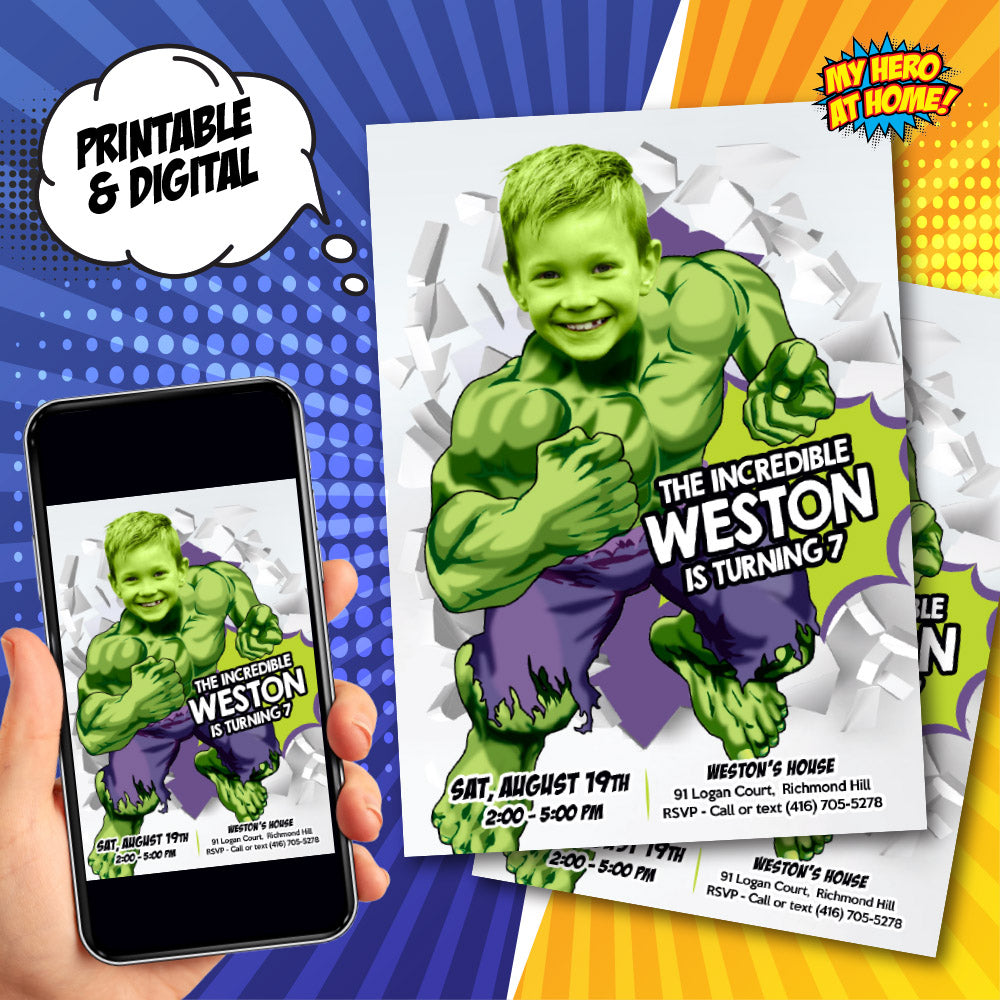 Hulk Invitation template, Hulk Invitation with photo, Custom Hulk Invite, Hulk party invitation, Hulk template Invitation. 683