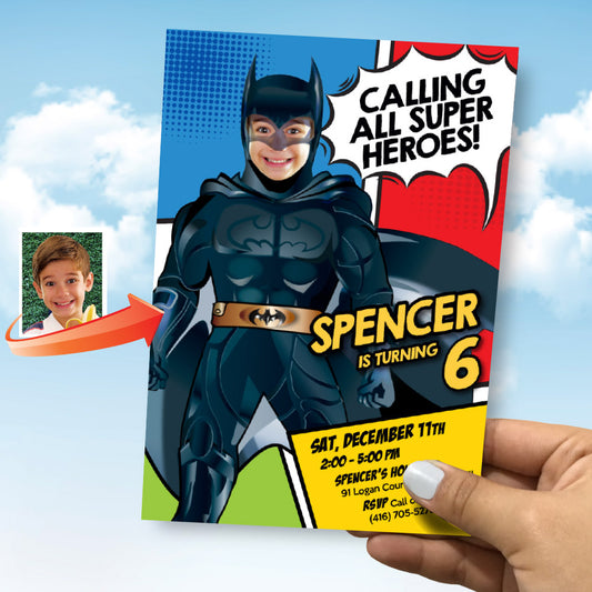 Turn your kid in Batman for his unique Superhero Birthday Invitation, Batman theme Party, Batman Digital Invite. 689IN
