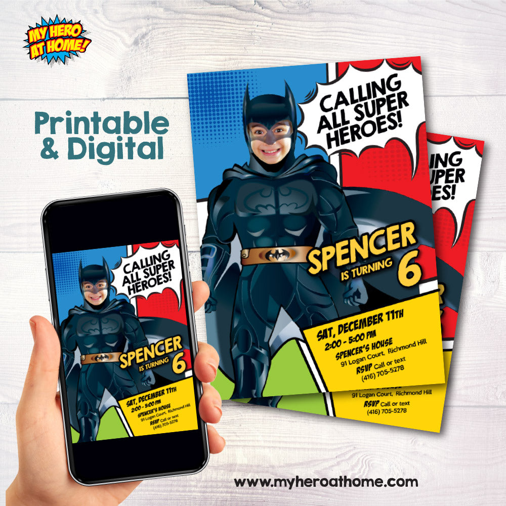 Turn your kid in Batman for his unique Superhero Birthday Invitation, Batman theme Party, Batman Digital Invite. 689IN