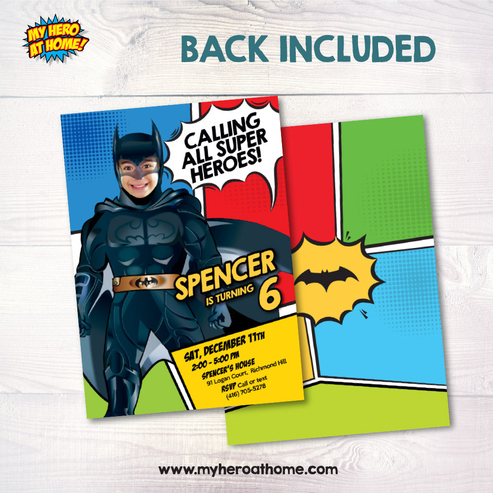 Turn your kid in Batman for his unique Superhero Birthday Invitation, Batman theme Party, Batman Digital Invite. 689IN