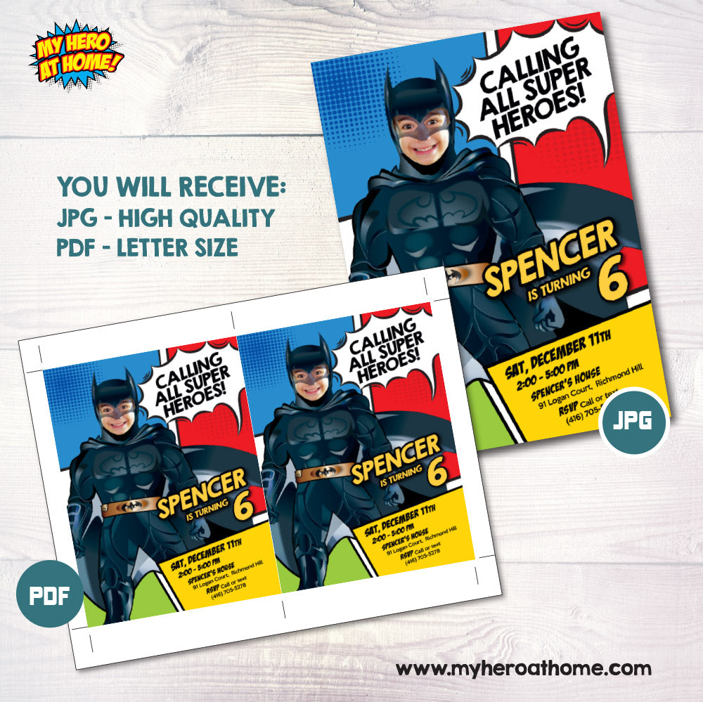 Turn your kid in Batman for his unique Superhero Birthday Invitation, Batman theme Party, Batman Digital Invite. 689IN