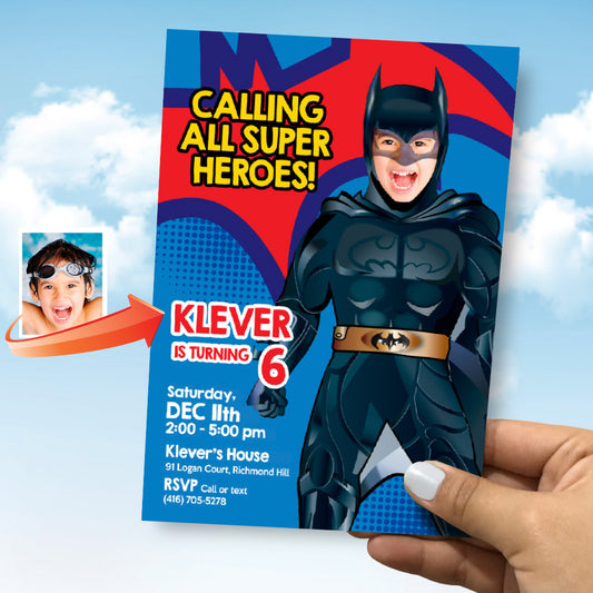 Batman Photo Invitation template, Batman template invite with your own Batman, Batman paperless invite. 690IN