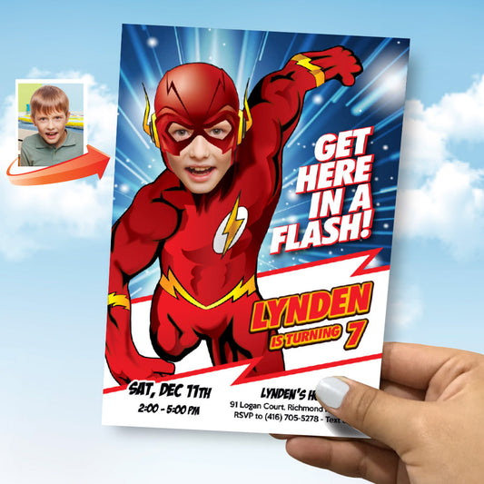 New Flash party Invitation with photo, Get here in a Flash birthday invitation, Flash multiverse party template. 692IN