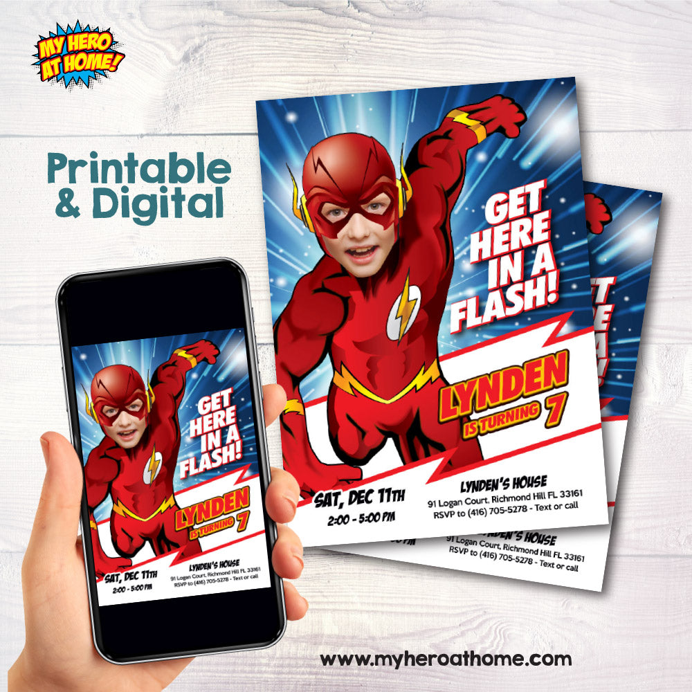 New Flash party Invitation with photo, Get here in a Flash birthday invitation, Flash multiverse party template. 692IN