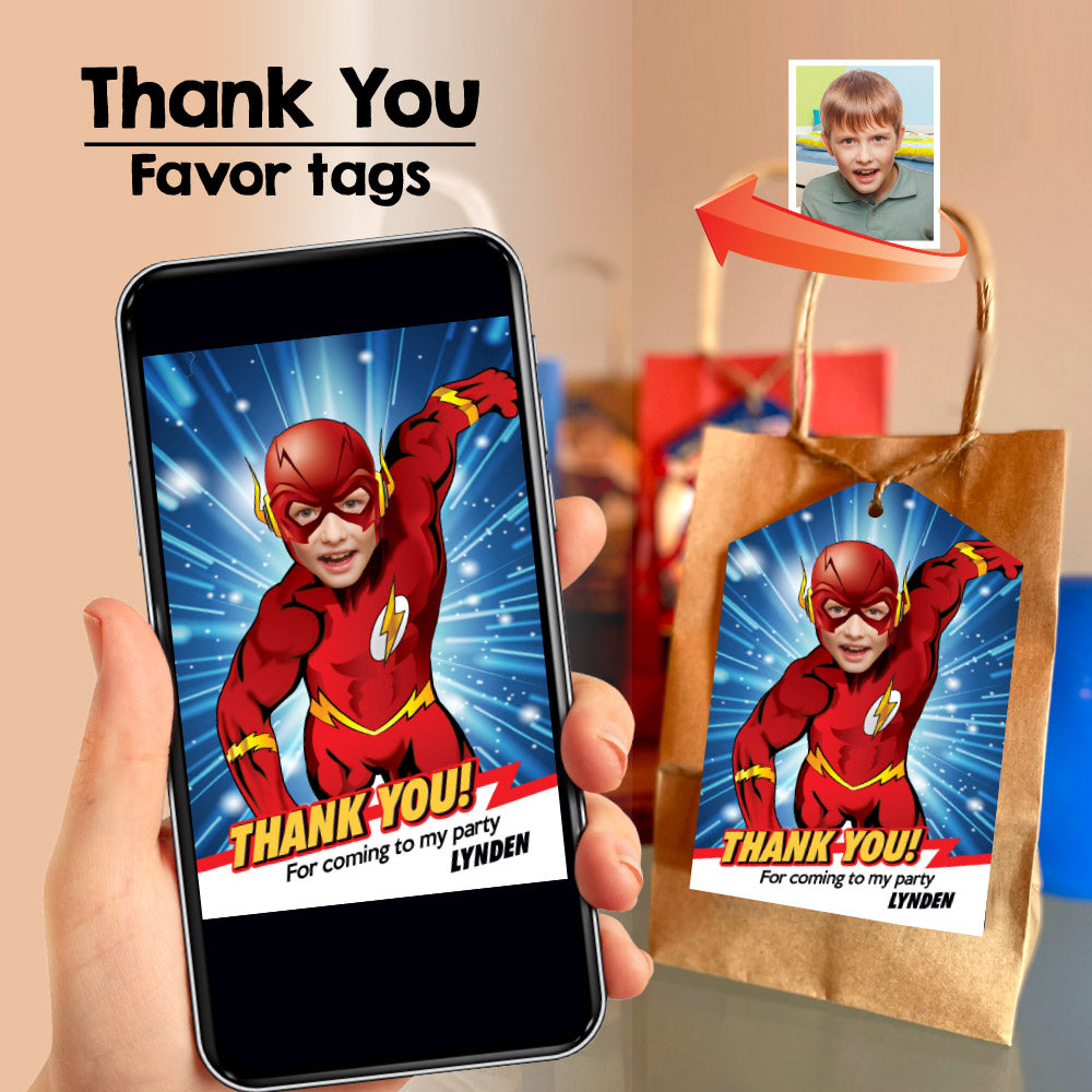 Get here in a Flash birthday thank you card, Flash Multiverse thank you, Superheroes multiverse favor tag. 692TY